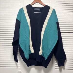 Vintage Pringle 100% Wool V-Neck Sweater Teal Navy and Cream Relaxed Fit Size XL